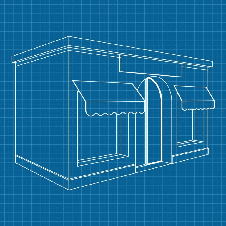 Store Front. White Outline Drawing On Blueprint Background